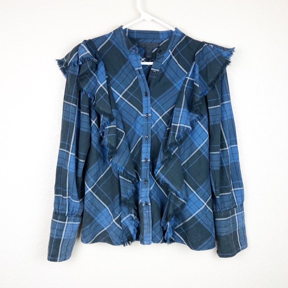 MAISON CINQCENT Blue Plaid Ruffle Button Down Top
